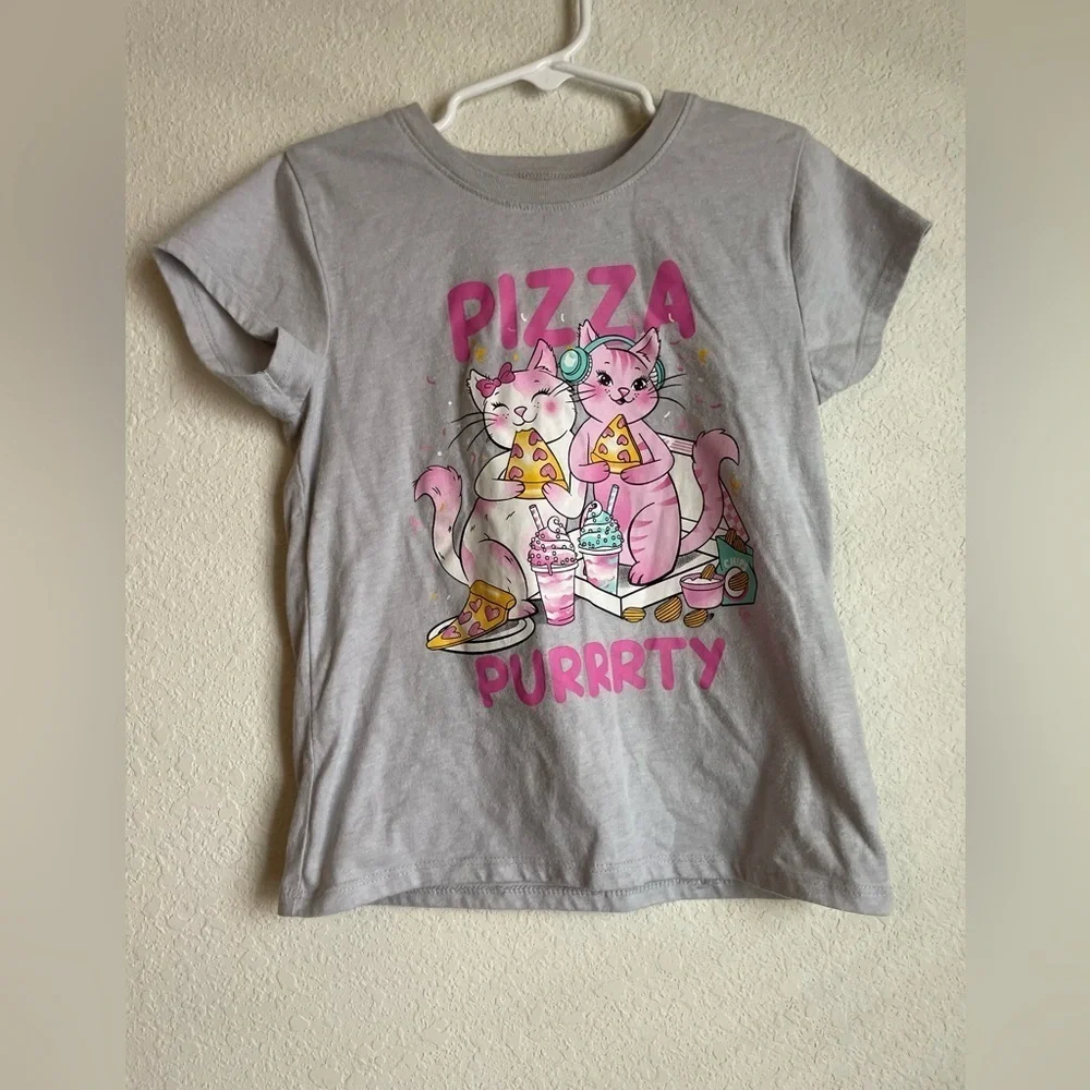 The Children's Place Gray and Pink Cat Pizza Purrrty Short Sleeve Tee size 5/6